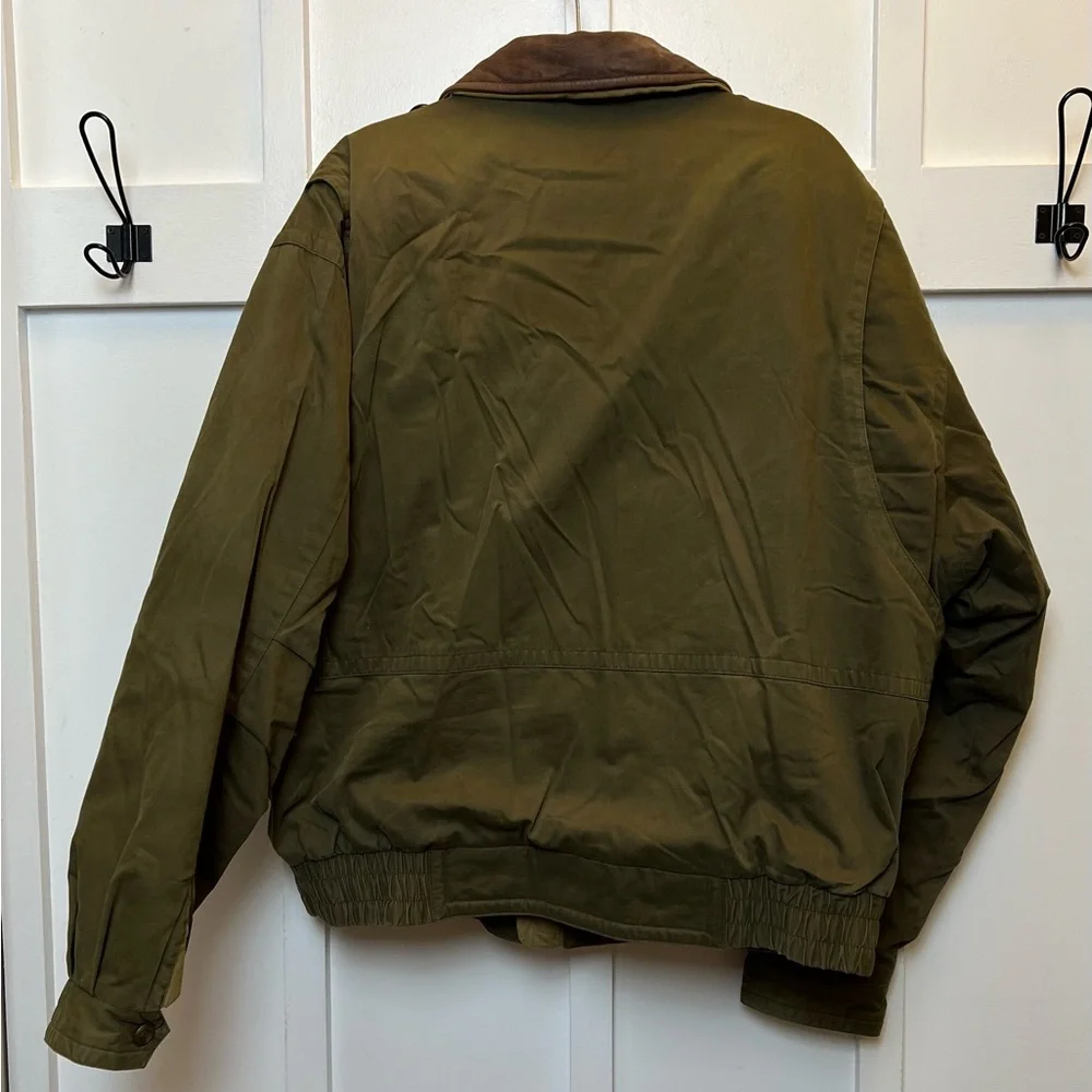VTG Woolrich Men Bomber Jacket Thermore Green Brown Leather Size XL Rustic Cabin